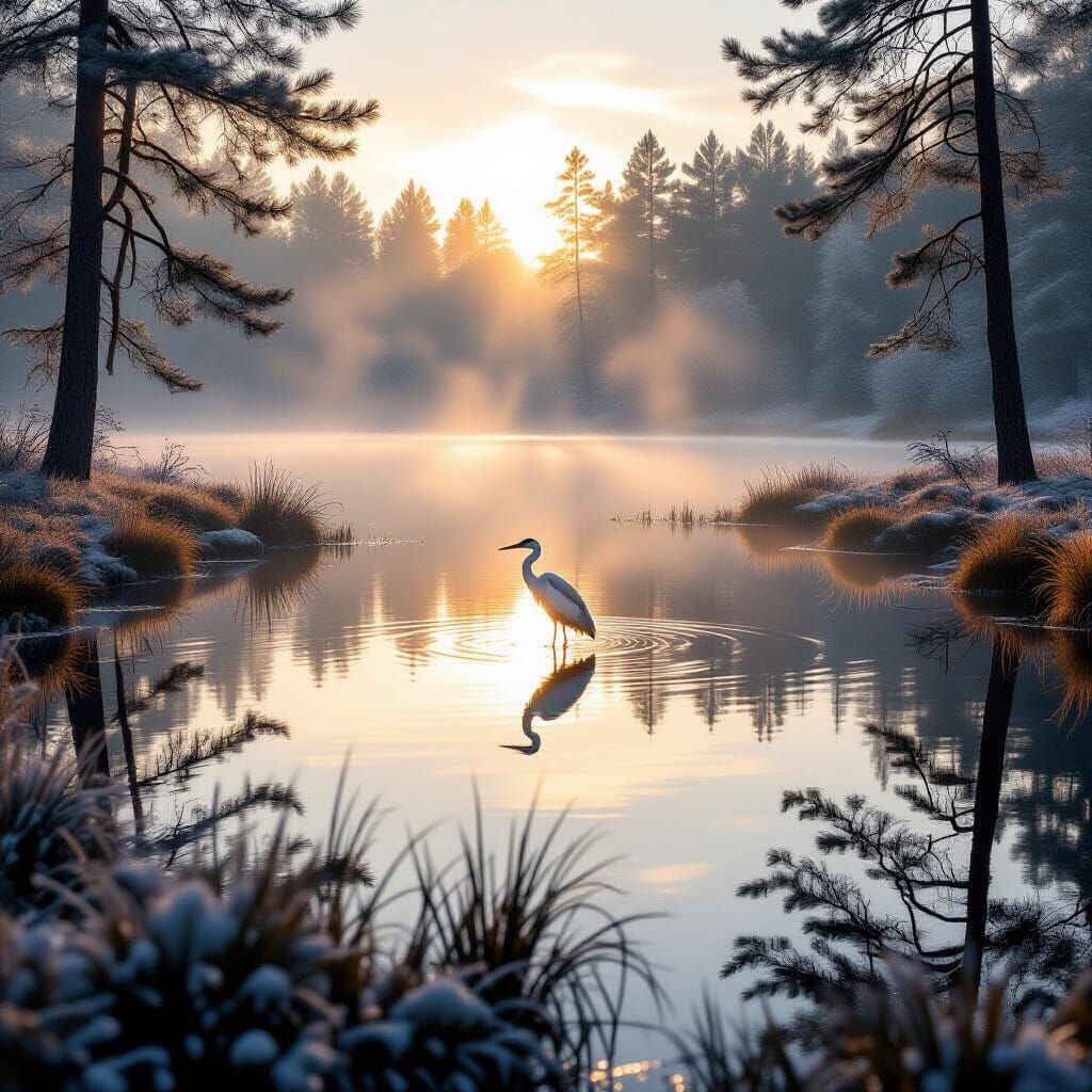 Foggy Morning Lake with Heron and Golden Light
