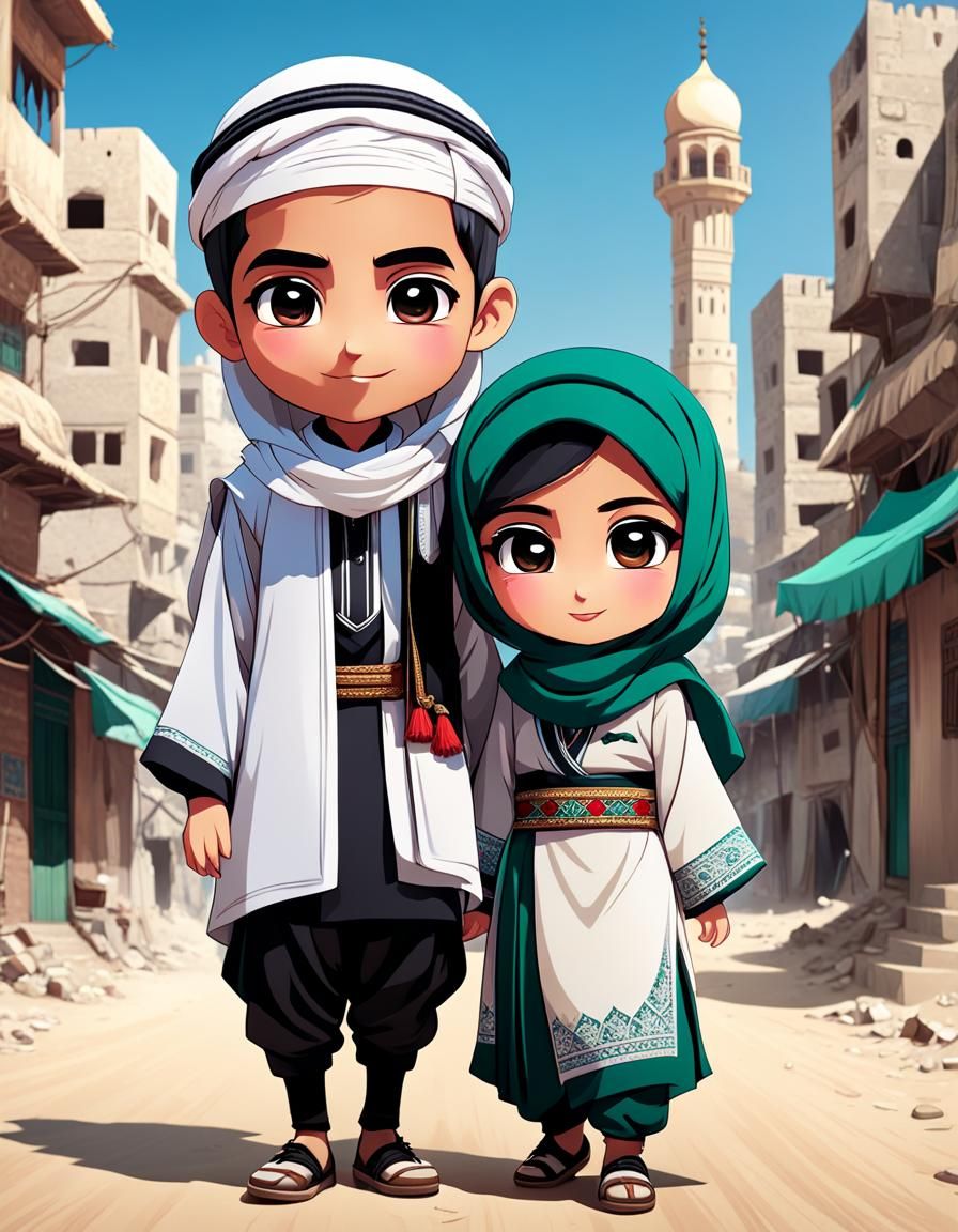 Chibi Children in Gaza Cityscape: Adorable 8K Scene