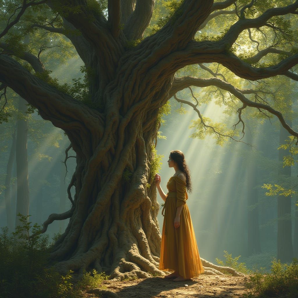 Ethereal Woman and Ancient Tree in Magical Realism Style