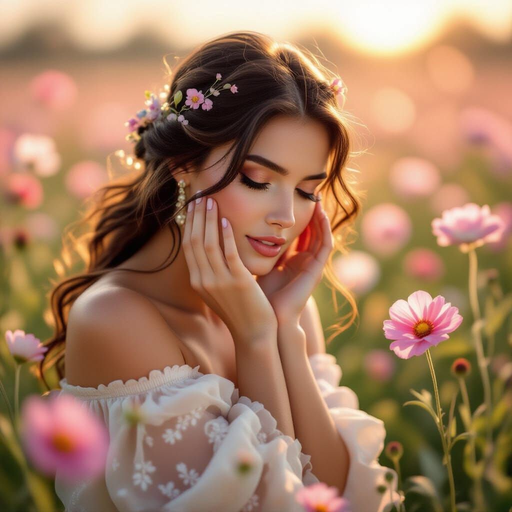 Ethereal Woman in Soft Daylight with Vibrant Petals
