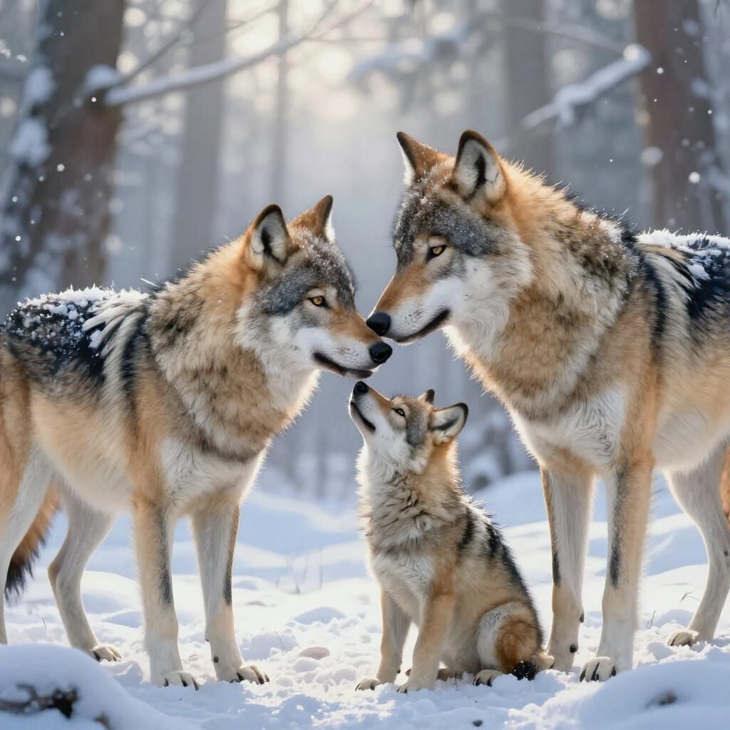 Mother Wolf and Pup in Snowy Forest, Painterly Style