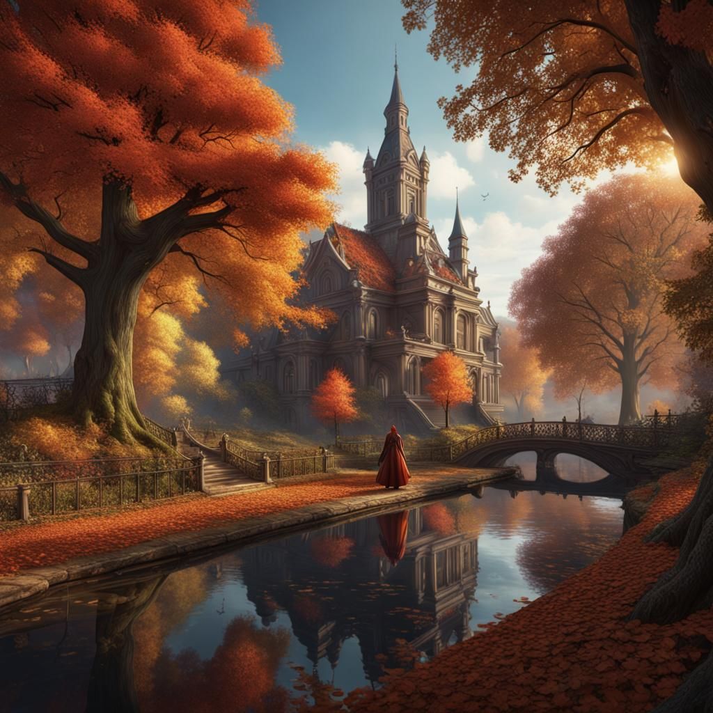 Old Woman on Park Bench in Autumn Landscape