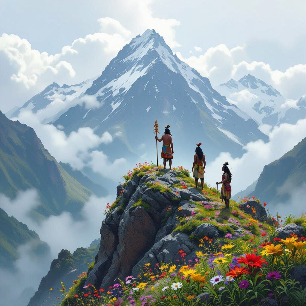 Maori Gods on Alps Mountain Peak in Realism Style