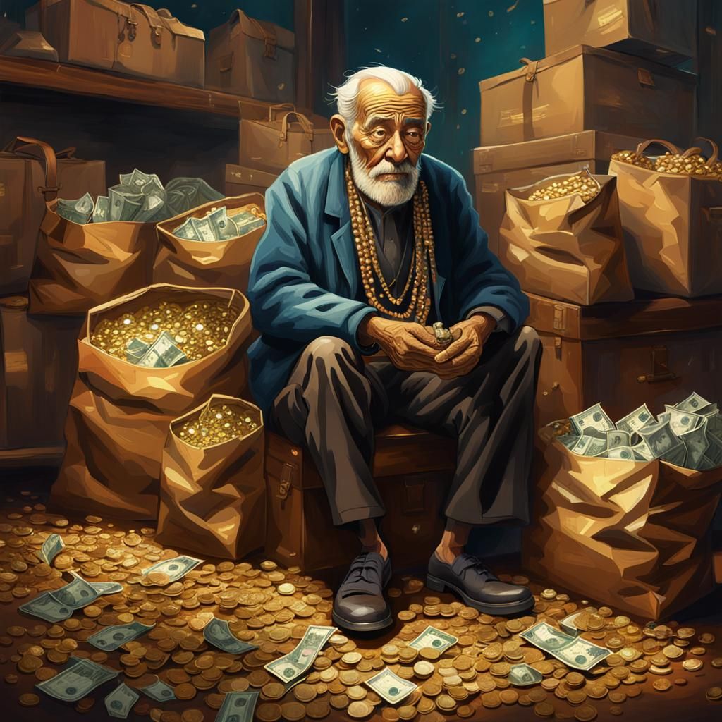 Old Man's Lonely Wealth in Hyperrealistic Style