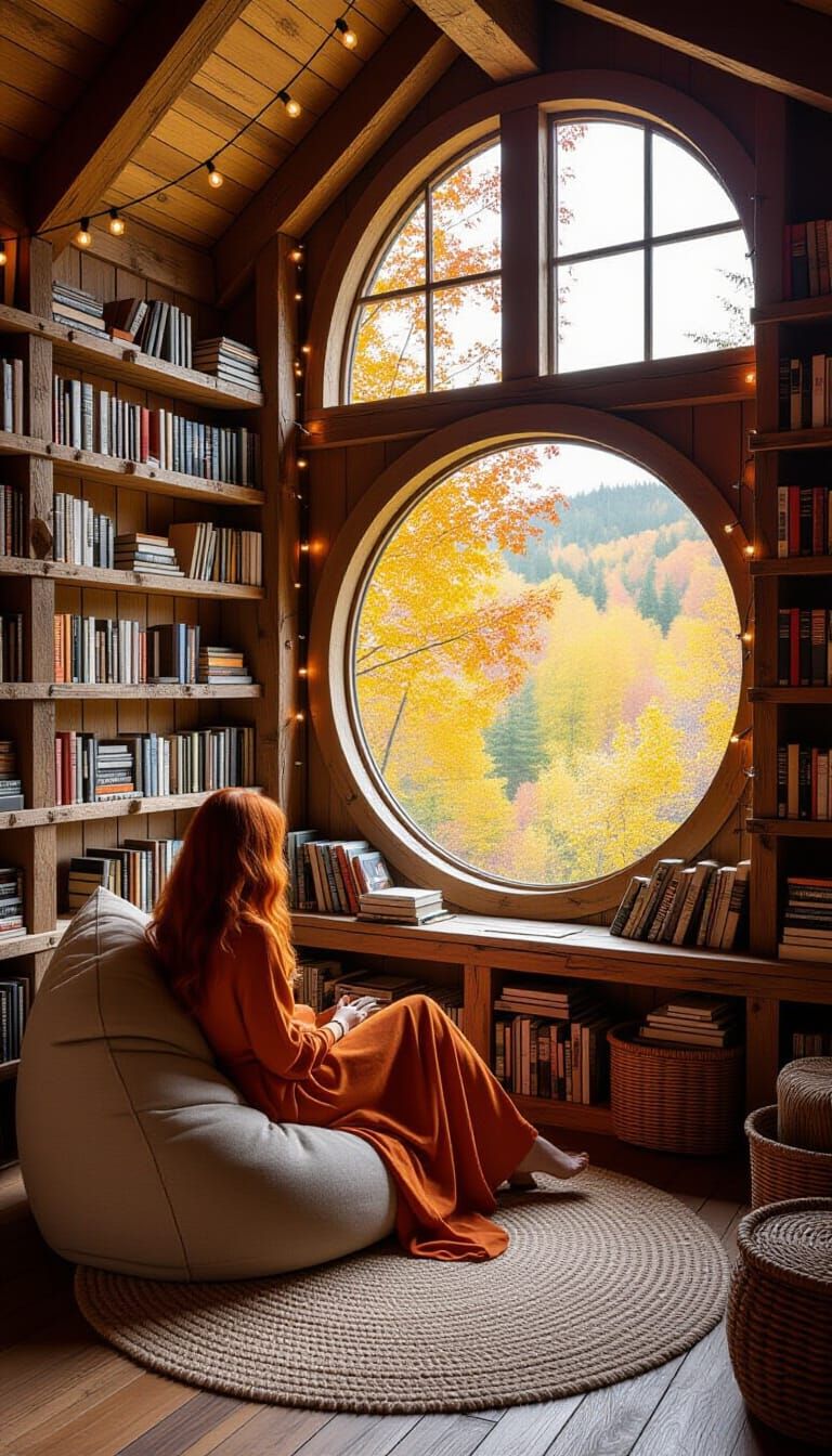 Rustic Treehouse Reading Sanctuary with Redhead Woman