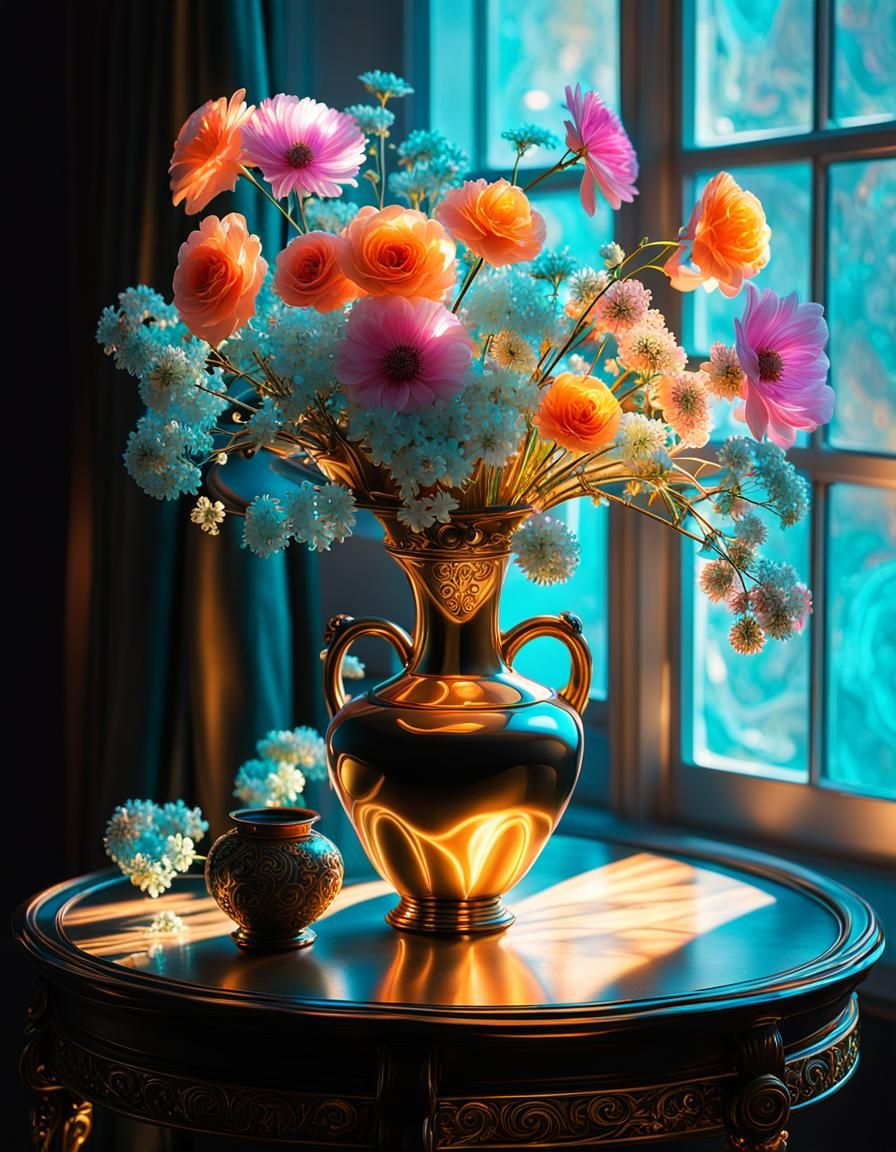 Bioluminescent Flowers in Ornate Vase: Digital Still Life