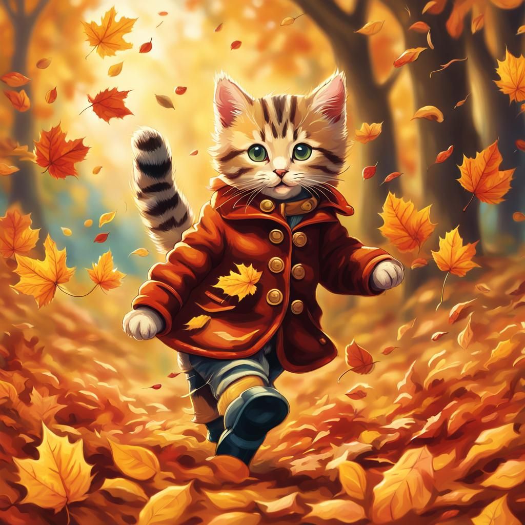 Kitten Kicking Autumn Leaves in Whimsical Style