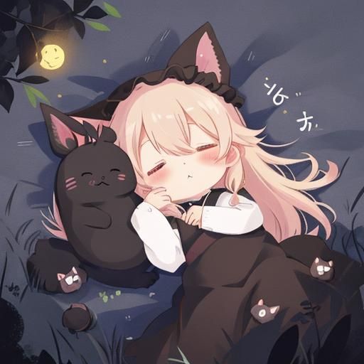 Cute Black Rabbit Sleeping: Anime Style Illustration