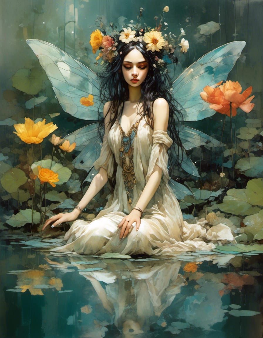 <lora:Character X:1.0> full body portrait of grunge goddess fairy sitting on a flower, in the middle of a pond, expressi...