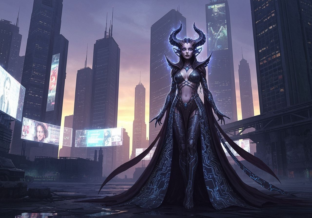 Energy Fairy Sorceress in Futuristic Cyberpunk Cityscape