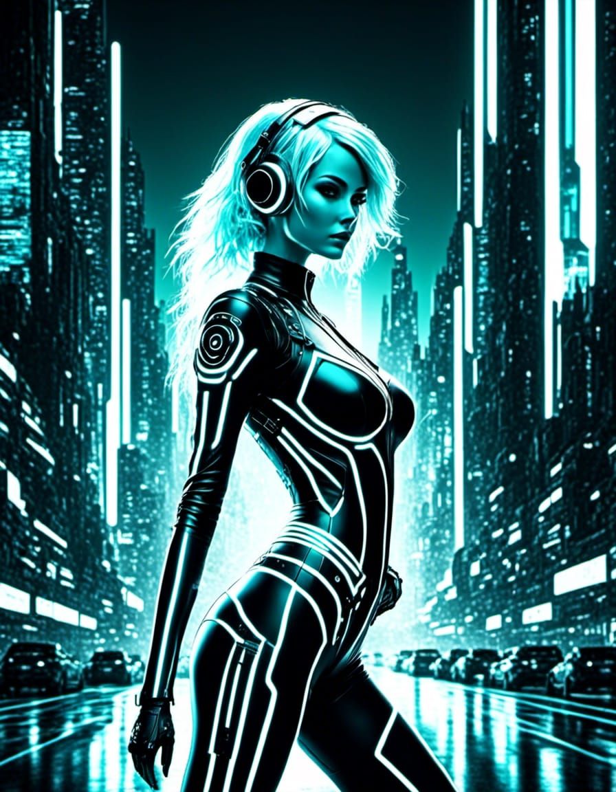 Monochrome 1900s photo cartoon animation comic Anime green haired Woman in TRON style black and white glowing bodysuit i...