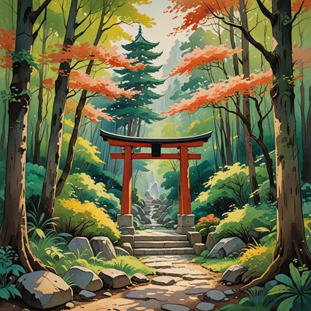Ghibli Shinto Shrine in Watercolor Forest