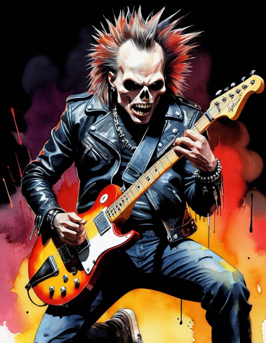 Metalhead with Sausage Head in Watercolor Comic Style