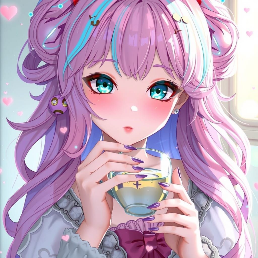 Anime-Style Girl Savoring Tea in Elegant Gown
