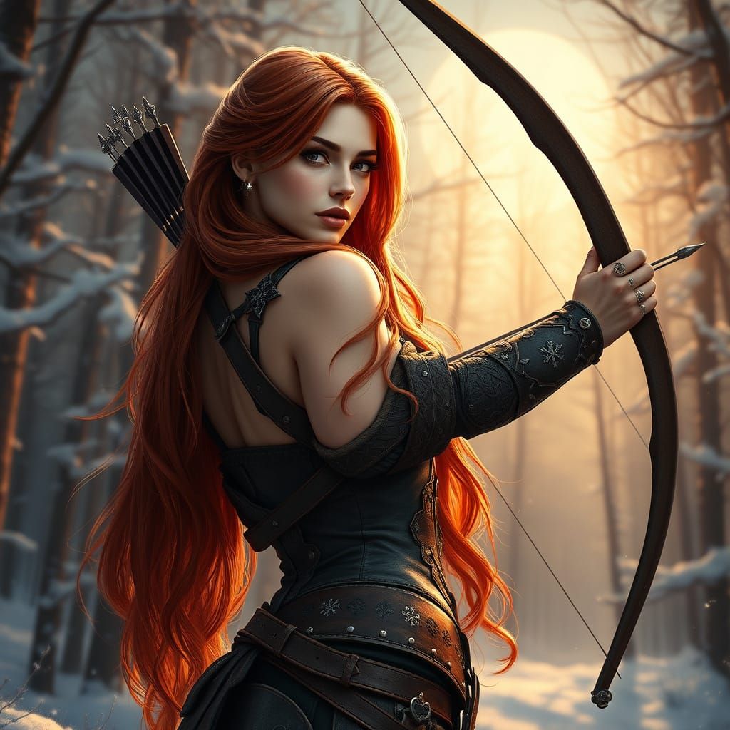 Mystical Archer in Snowy Forest, in Dreamlike Watercolor Sty...