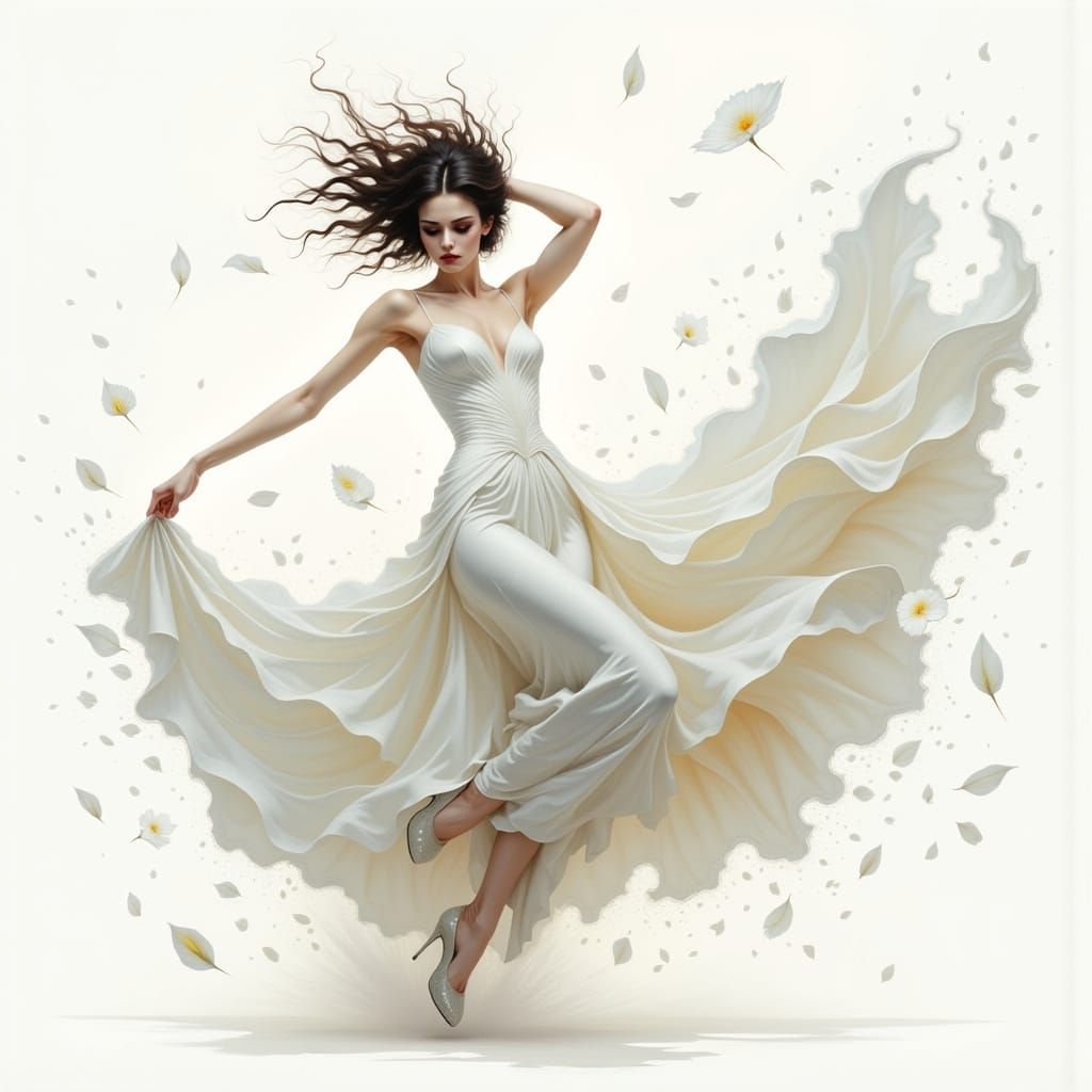 Hyper-Realistic Woman Leaps Through White Petals in Impasto ...