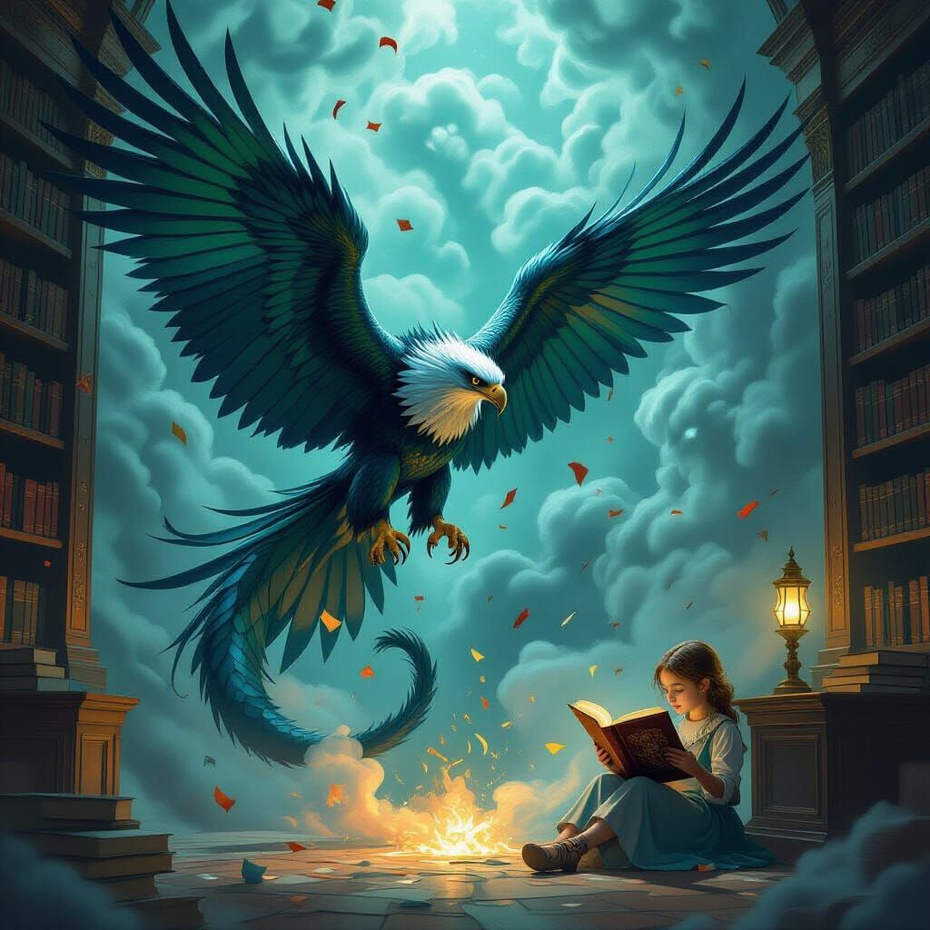 Harpy Eagle Dragon Transformation in Dark Fantasy Library