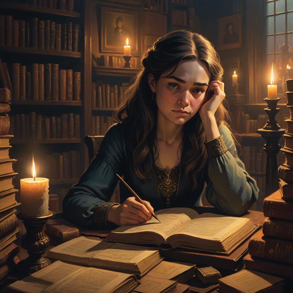 A Pensive Scholar Surrounded by Ancient Tomes