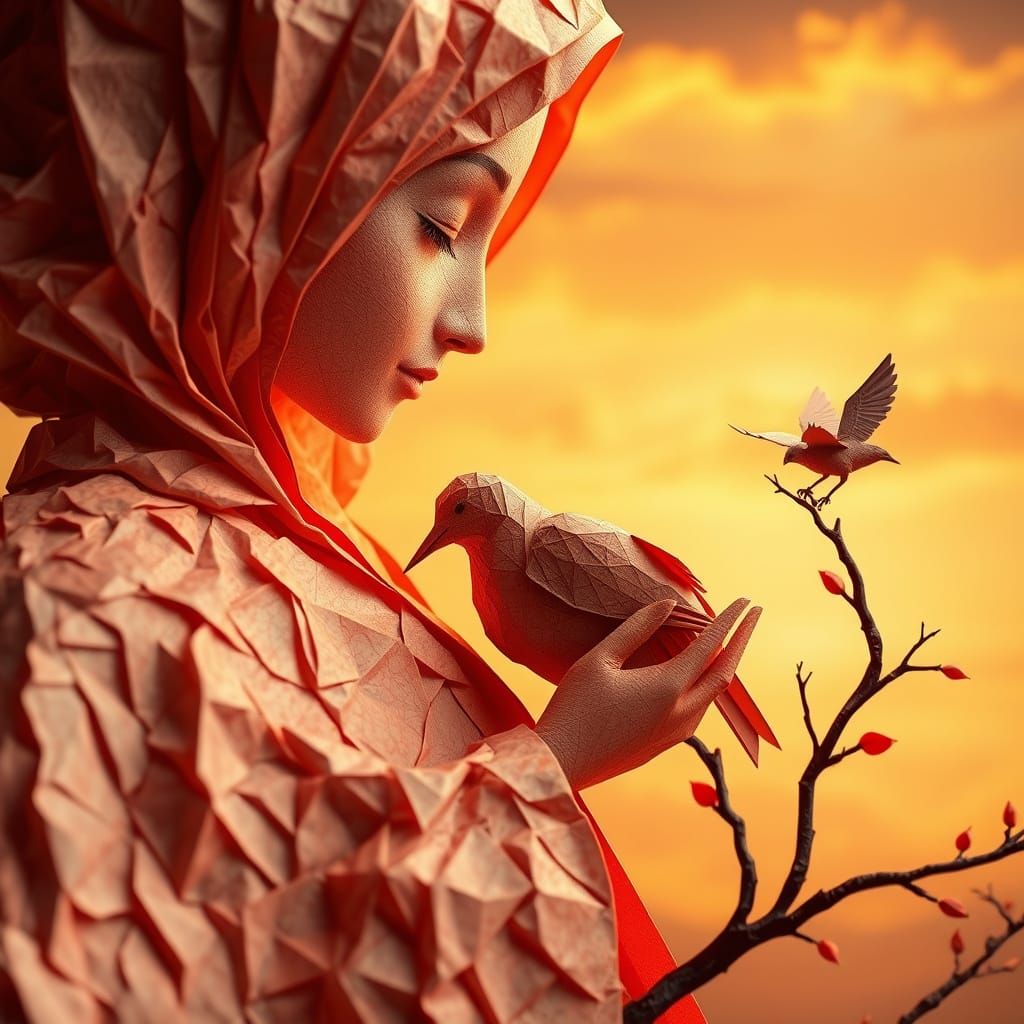 Paper Woman and Bird in Surreal Origami World