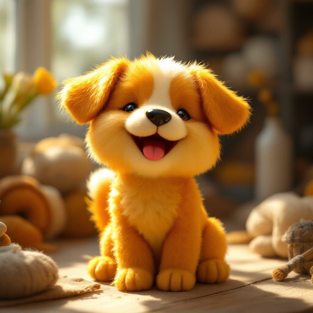 Charming Golden Wool Chibi Puppy in Whimsical Fantasy Scene
