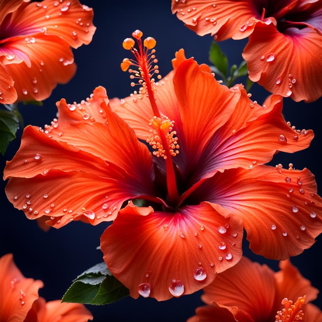 Vibrant Dark Orange Hibiscus Flower with Dew Drops