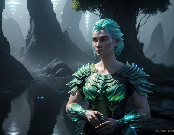 Female Amphiboid in Bioluminescent Cave, 3D Art