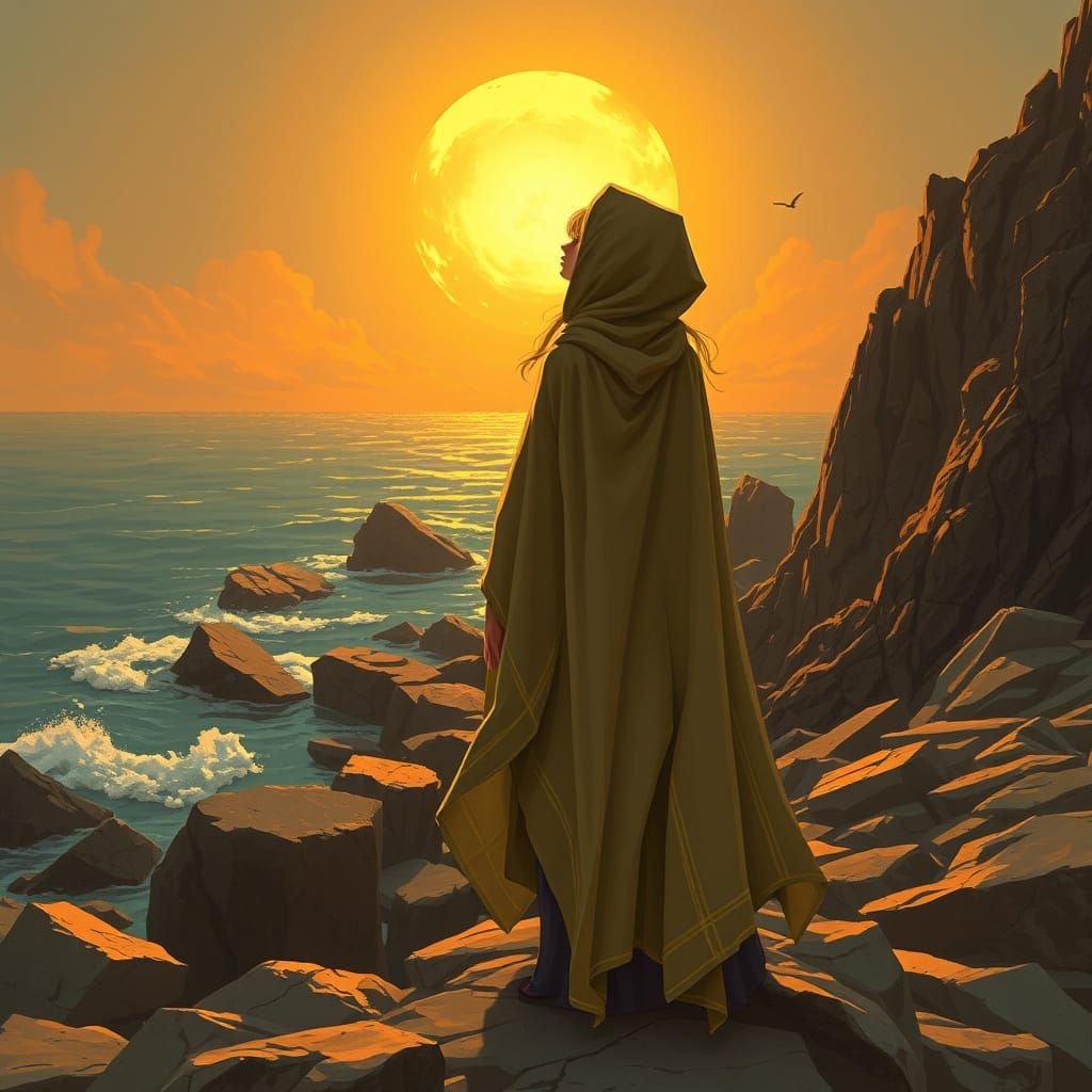 Woman Gazing at Golden Sun in Retro Sci-Fi Style