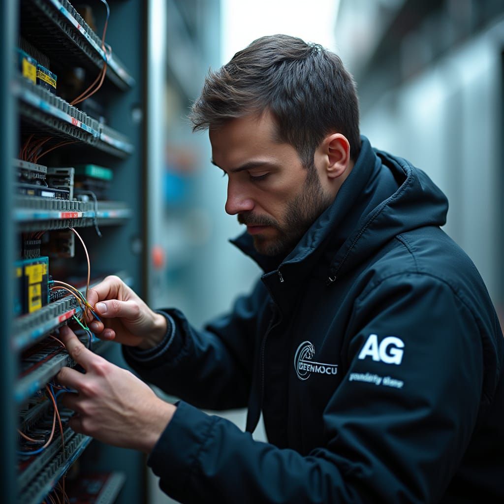 Technician Splicing Fiber Cables in Futuristic Industrial St...