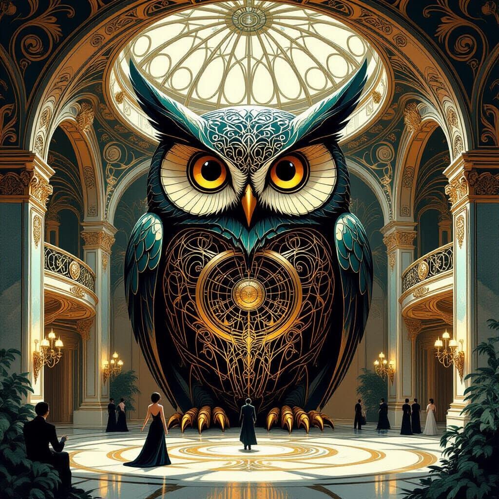 Giant Mechanical Owl Ballroom in Art Nouveau Style