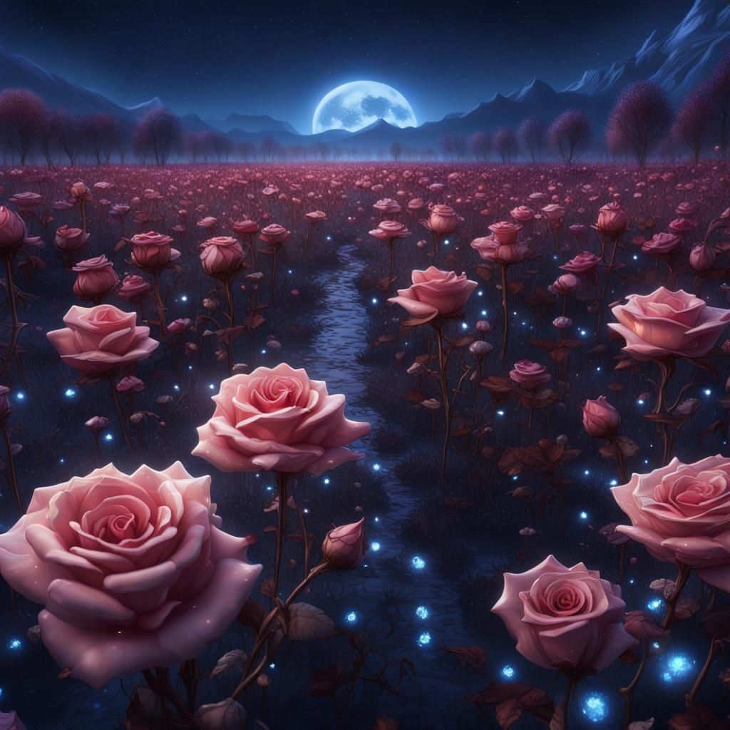Crystal Roses Field Under Starry Night Sky
