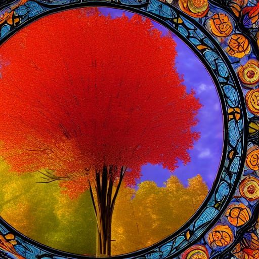 Colorful Stained-Glass Autumn Tree, Intricate Design