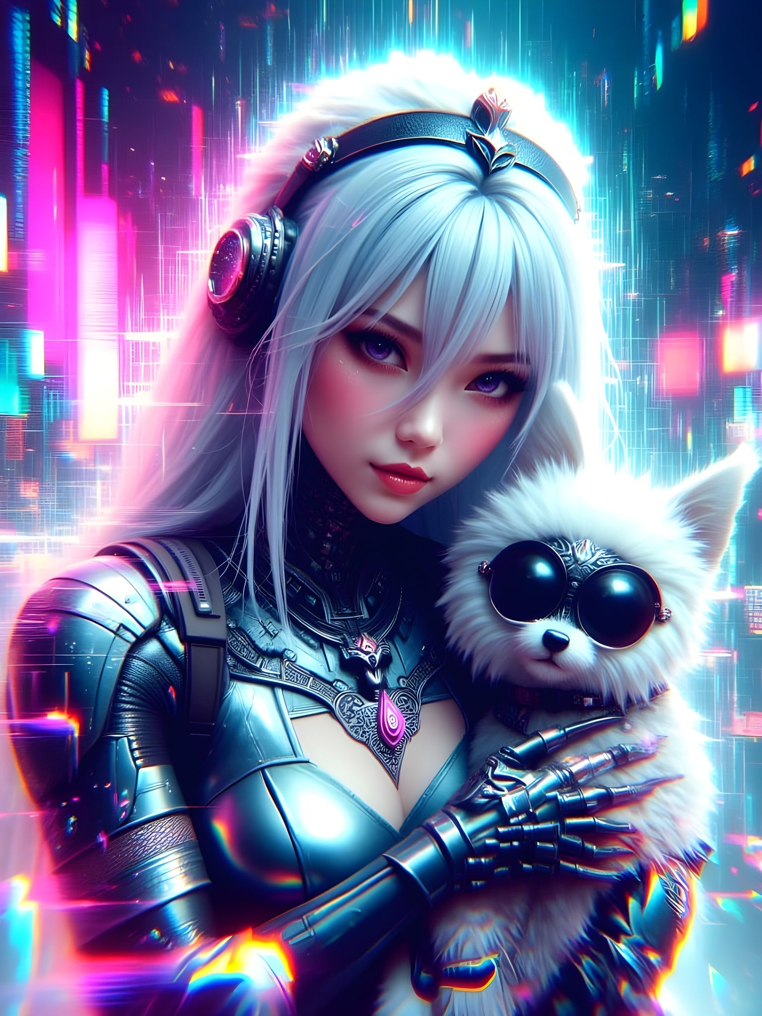 Mecha Cyborg Woman with Dog in Glitchcore Anime Style
