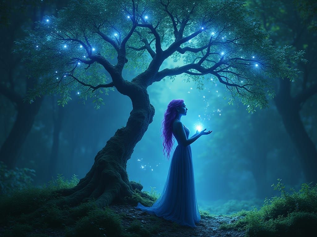 Epic Fantasy Tree Goddess in Glowing Blue and Green Aestheti...
