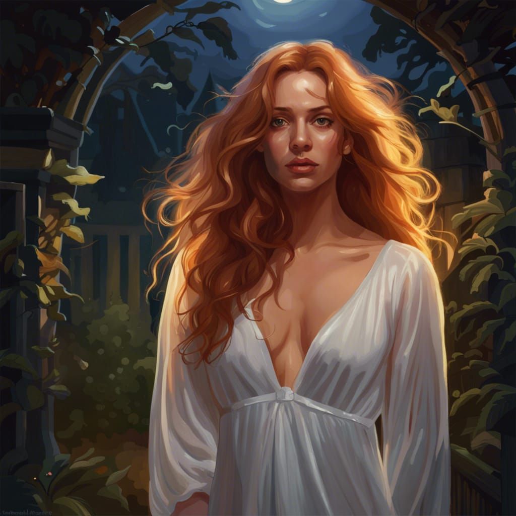 Ginger-Haired Woman Sleepwalking in Moonlight, Hyperdetailed...
