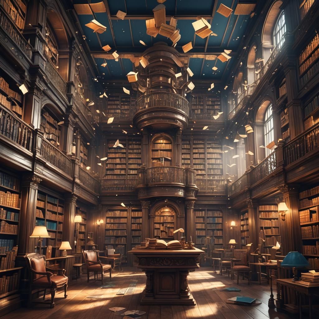 Magical Library with Floating Books in Fantasy Art