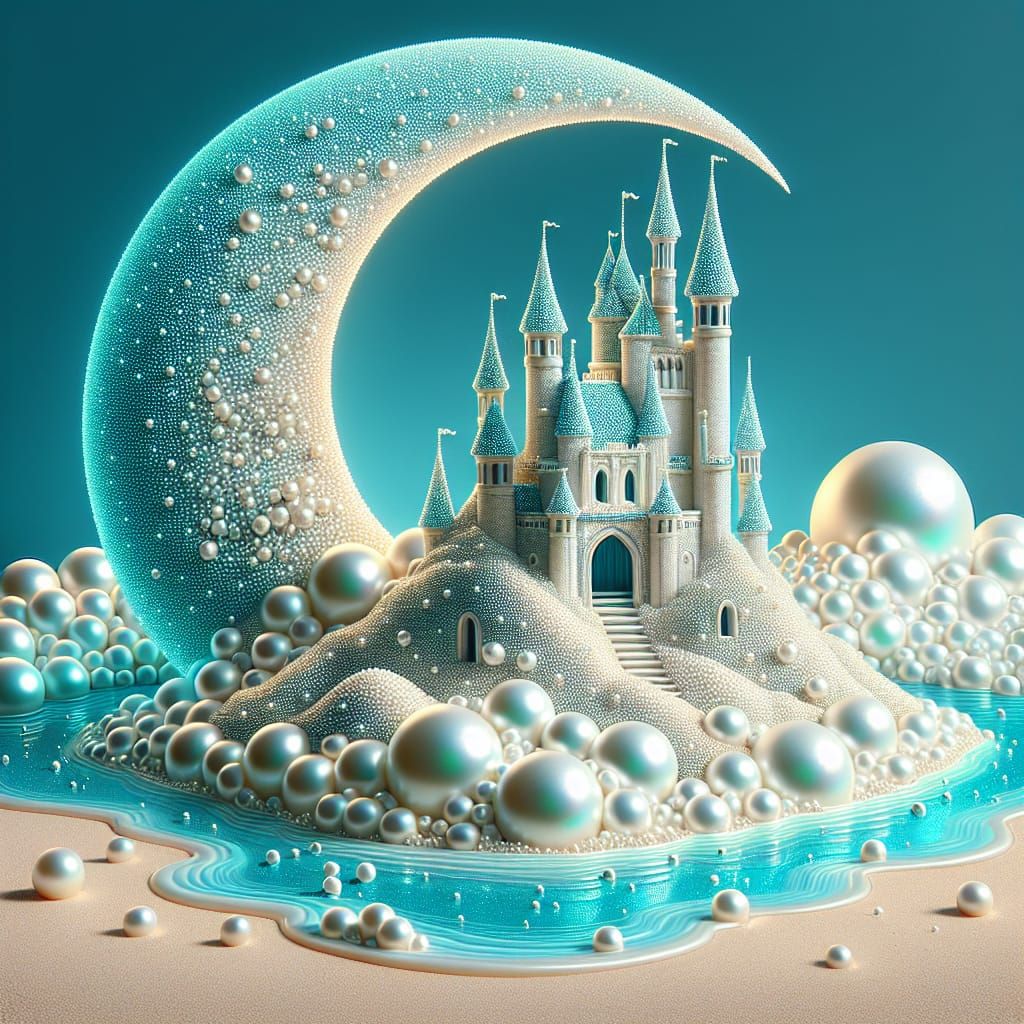 Pearl Fantasy Beach Scene in Acrylic Style