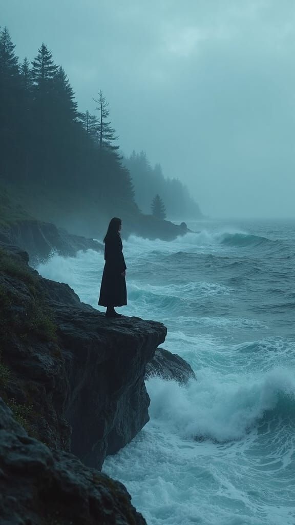 Solitary Figure on Cliff Edge in Moody Dark Folk Style