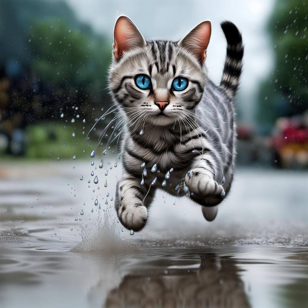 Silver Tabby Cat Plays in Rainy Puddle: Hyperrealistic