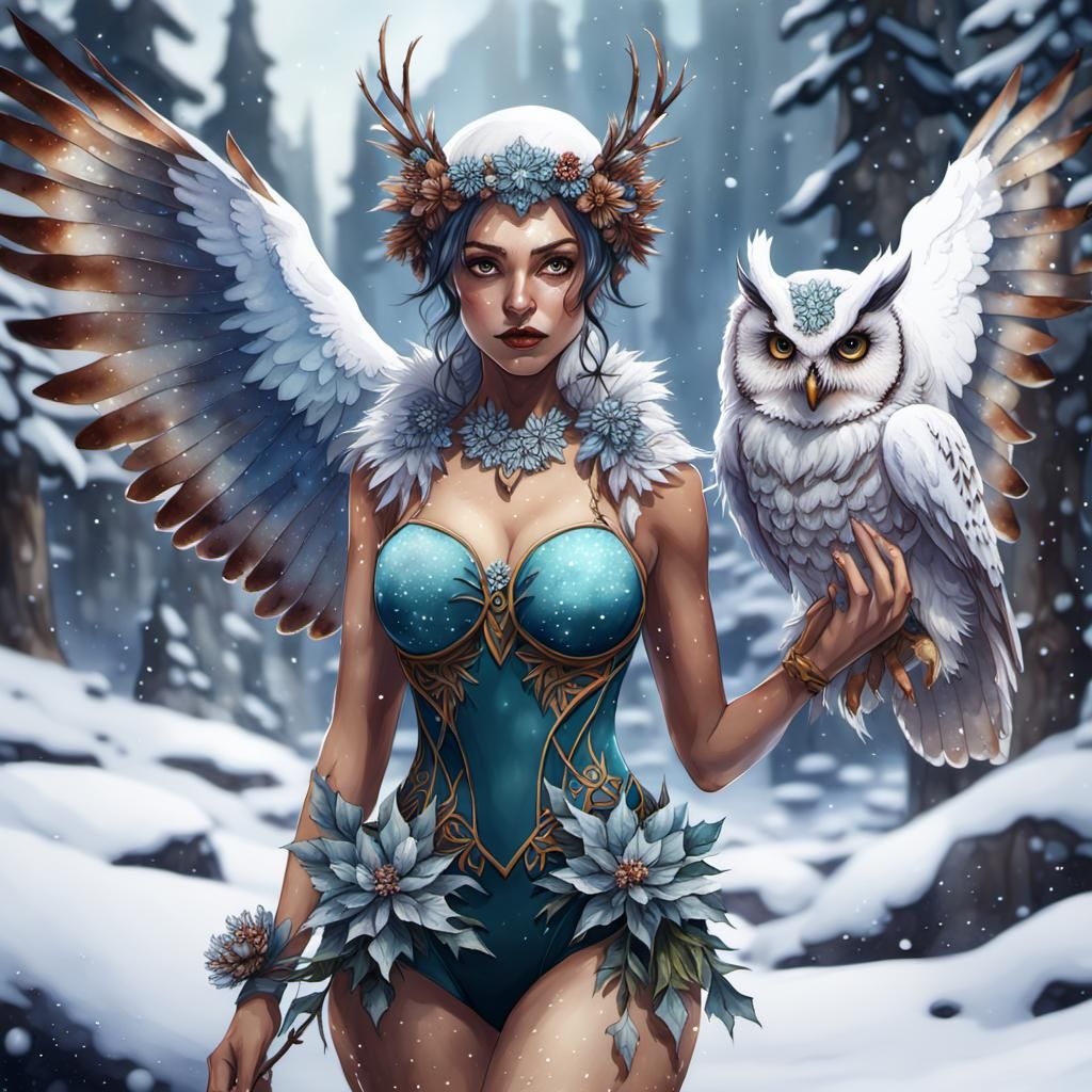 Watercolor Winter Fae with Owl and Snow Flowers