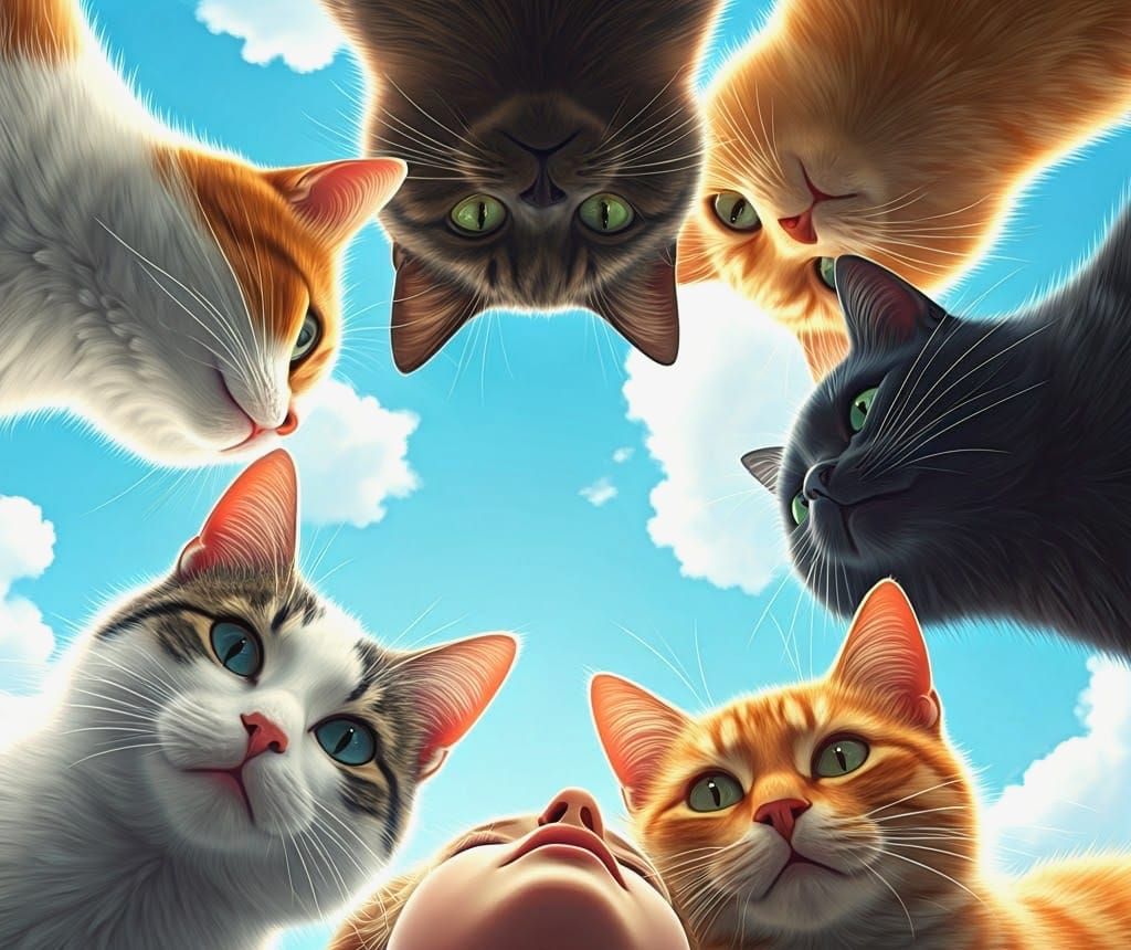 Six Felines Gather Round, Eyes Fixed on a Lying Figure