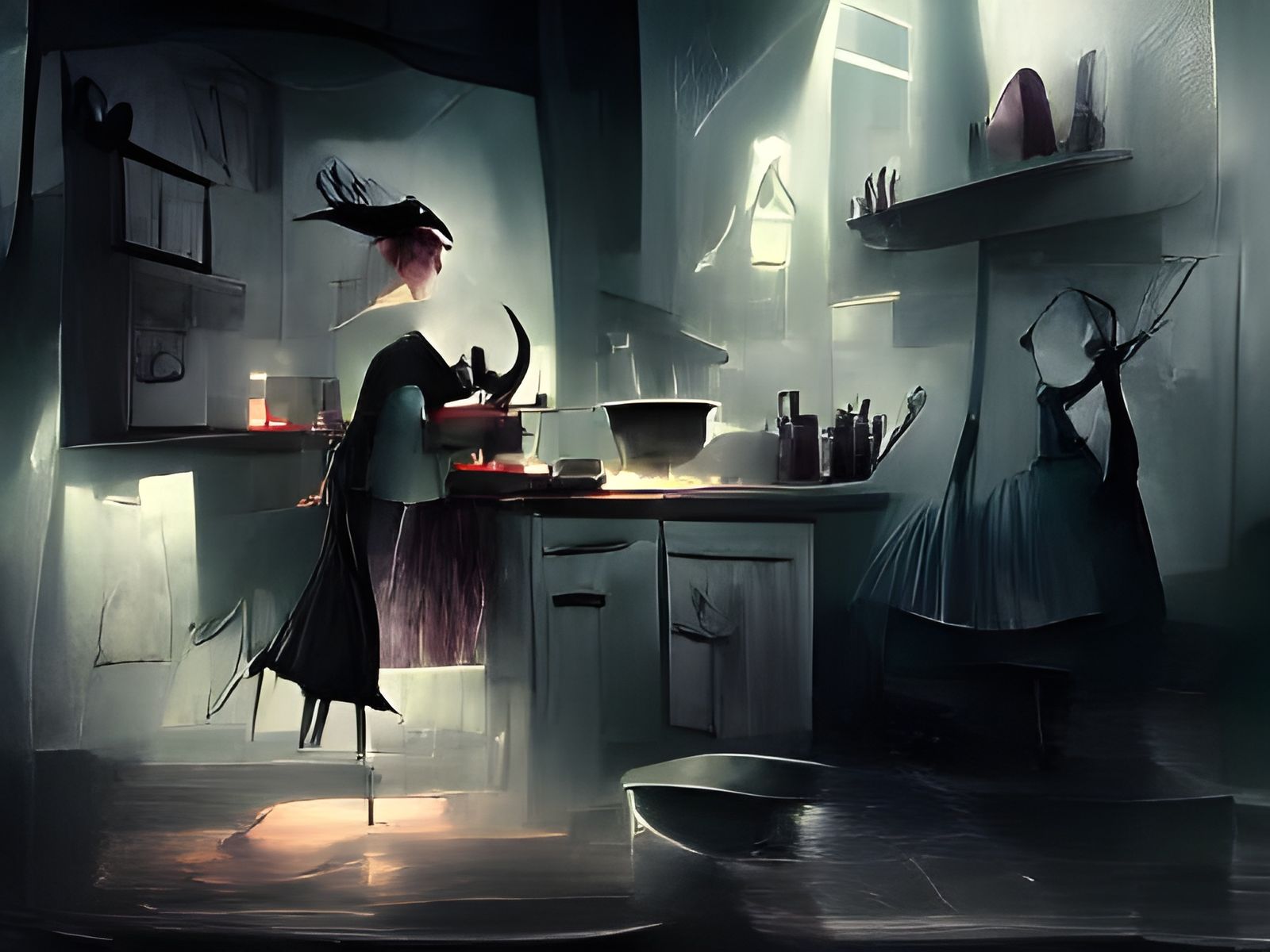 Ominous Witch in Dark Kitchen: Fairytale Illustration