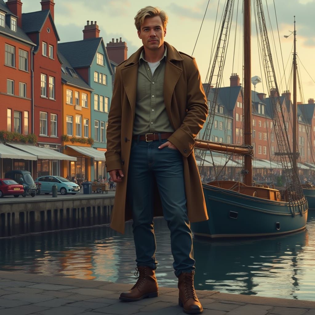 Man in Topcoat Overlooking Harbor at Dusk