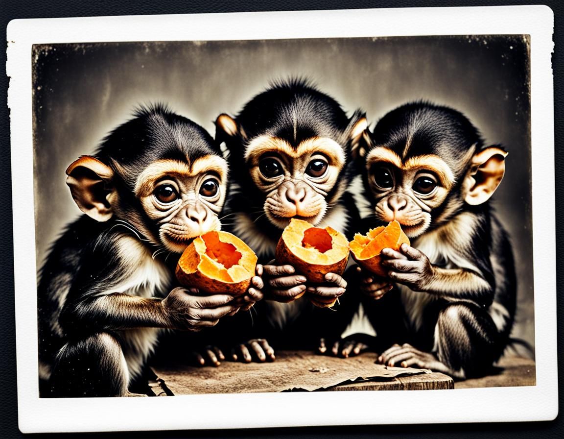 Chibi Monkeys Eating Yams in Vintage Polaroid Style
