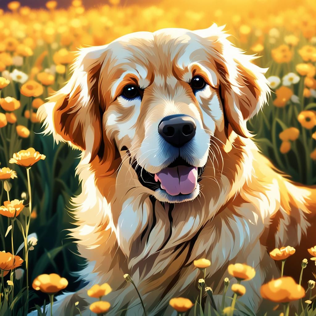 Golden Retriever in Anime Style Flower Field
