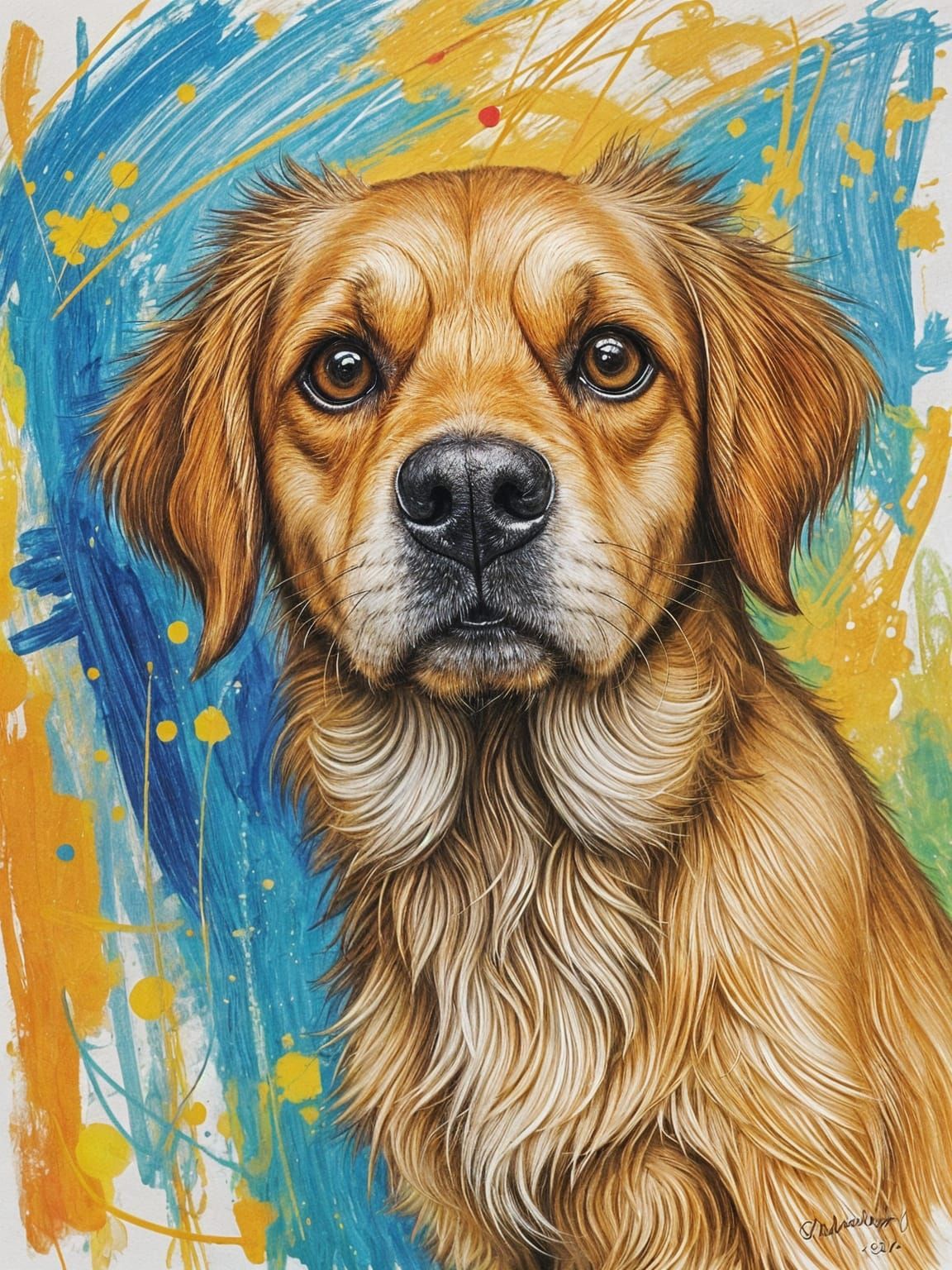 Vibrant Golden Retriever Portrait in Abstract Style