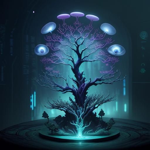 Bioluminescent Tree of Knowledge in Cyberpunk Style