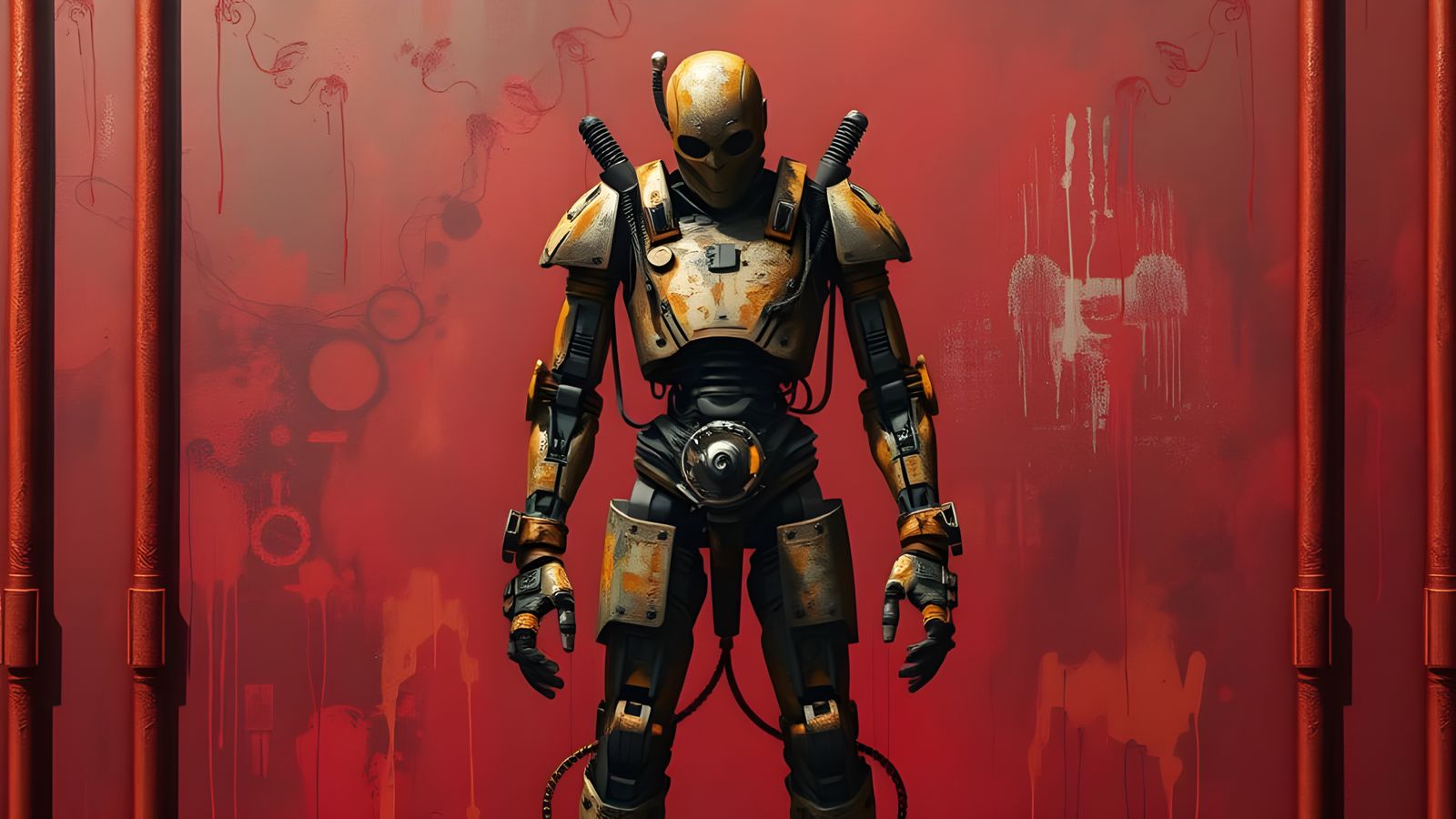 Photorealistic Rusty Scrap Metal Cyborg on Red Canvas