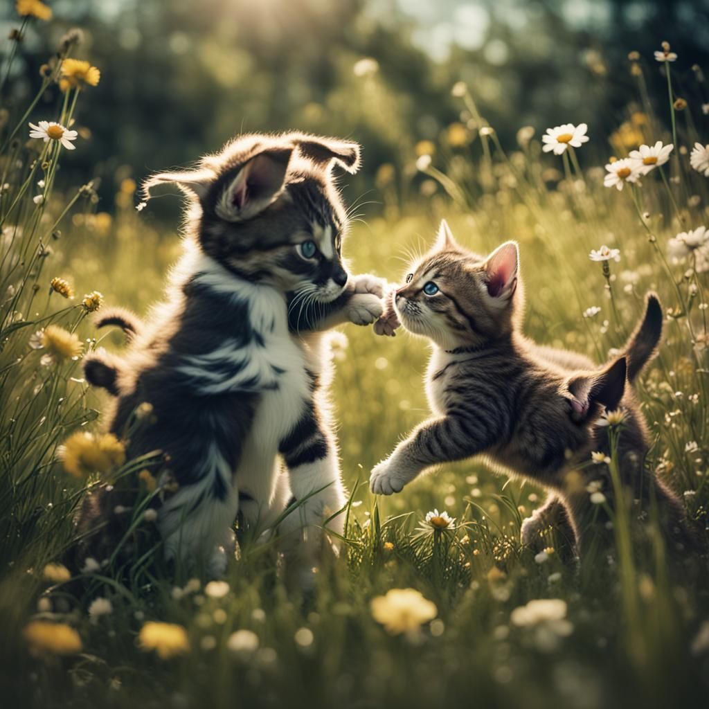 Puppy and Kitten Play in Flower Meadow