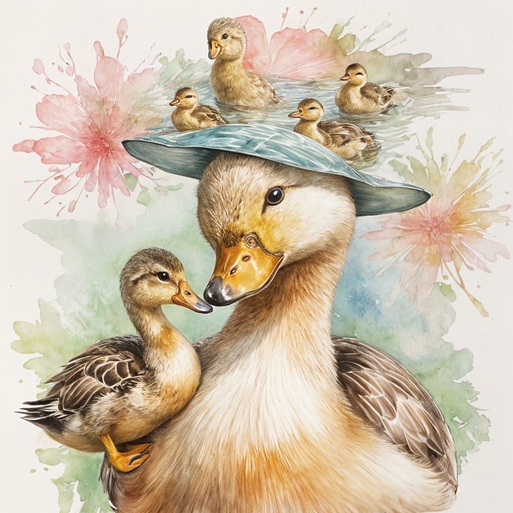 Mother Duck and Ducklings in Tranquil Waters