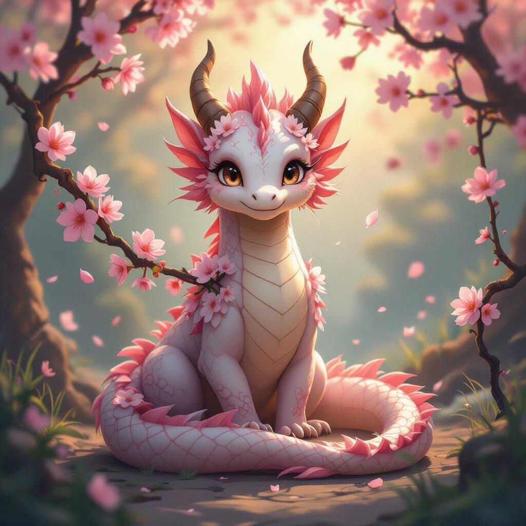 Regal Cherry Blossom Dragon in Golden Hour Light